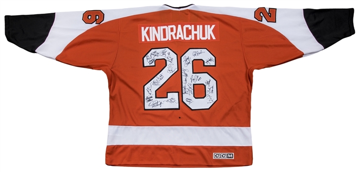 Orest Kindrachuk Team Signed Philadelphia Flyers Home Jersey With 20+ Signatures Including Snider, Clarke & Parent (Kindrachuk LOA & Beckett)